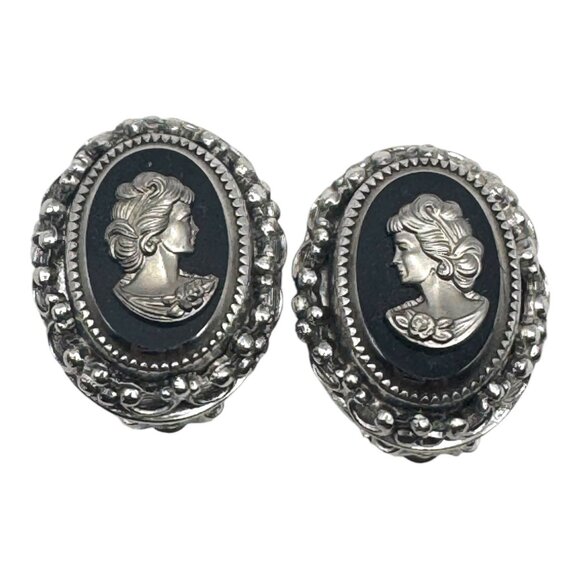Whiting & Davis Jewelry - Vintage Whiting & Davis Silver-Tone Clip-On Cameo Earrings Signed